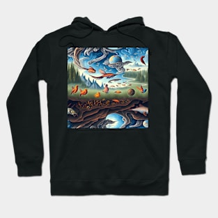 Metamorphosis Skies: A Surreal Landscape of Birds, Fish, and Reptiles in Transformation Hoodie